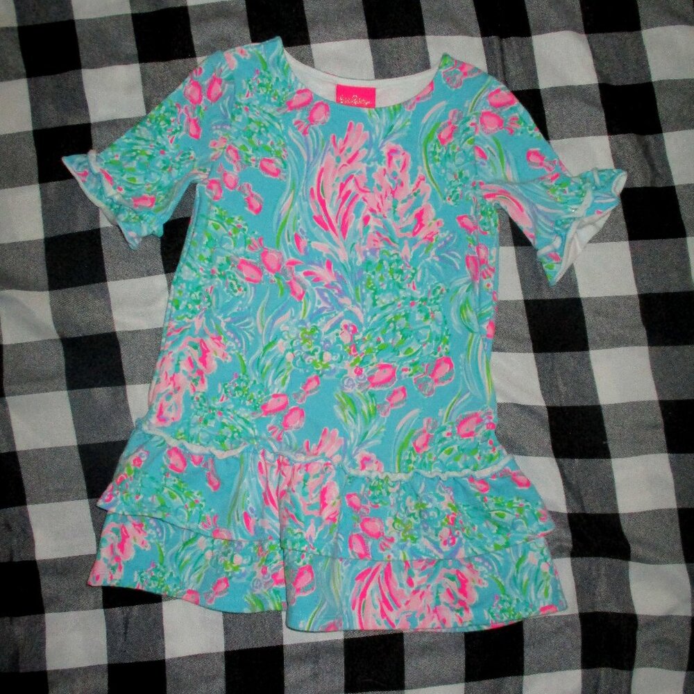 LILLY PULITZER Kailyn Dress Amalfi Blue Best Fishes Girl Size 4-5 Ruffles